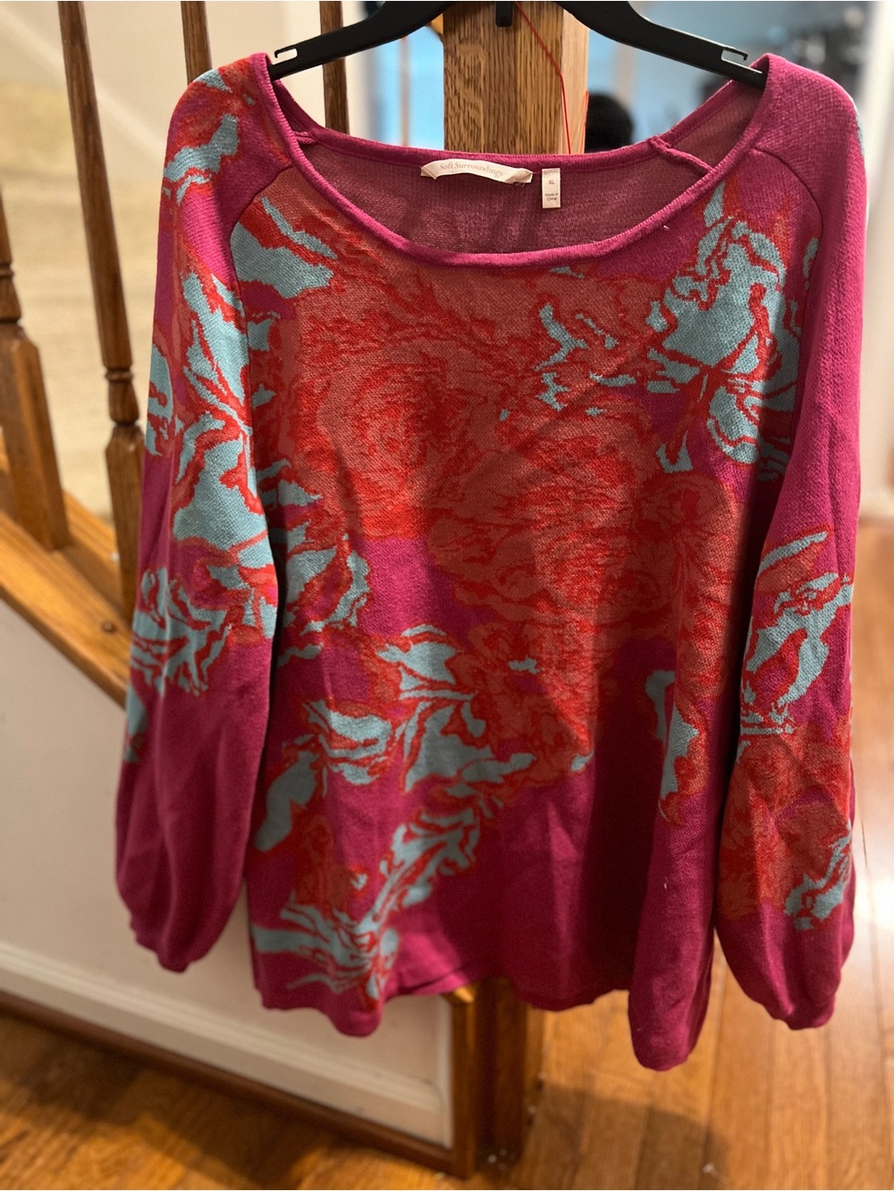 Soft Surroundings Magenta Knit Sweater with Aqua and Red Floral Jacquard